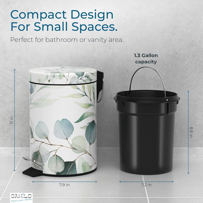 Sanilo Small Bathroom Trash Can with Lid [1.3 Gallon] - Lidded Tiny Trashcan for Garbage - Mini Metal Bin with Soft Closing Mechanism - Bath Room Accessoire Wastebin with Inner Bucket (Eucalyptus) - Image 5